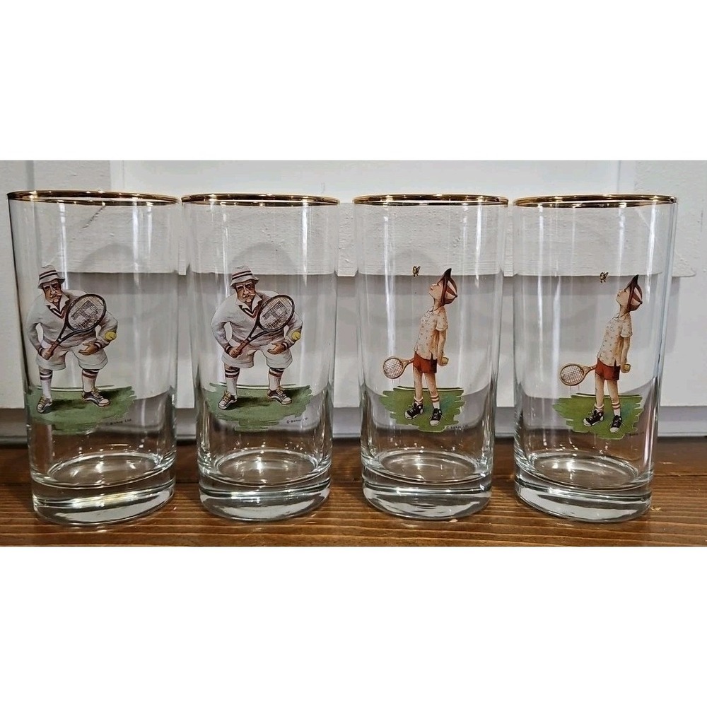 SET Of 4 Gold Rimmed Tumbler/ Glasses by Richard E. Bishop  1991 Winnie/ Angus